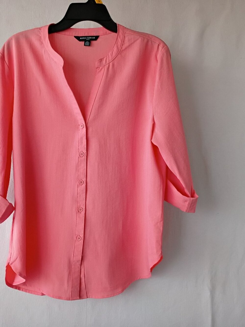 Mario Serrani Italy Pink Button Front Blouse L Roll Tab Sleeve Lightweight